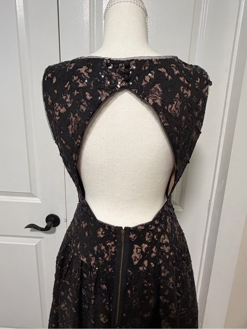 Sparkle ✨ BCBGMaxAzria Black Lace Open Back Dress Nude Underlay Flair Tule